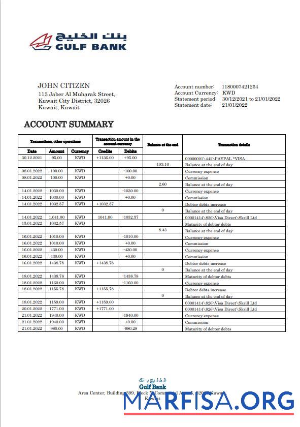 Printable Kuwait Gulf bank statement word.1 example